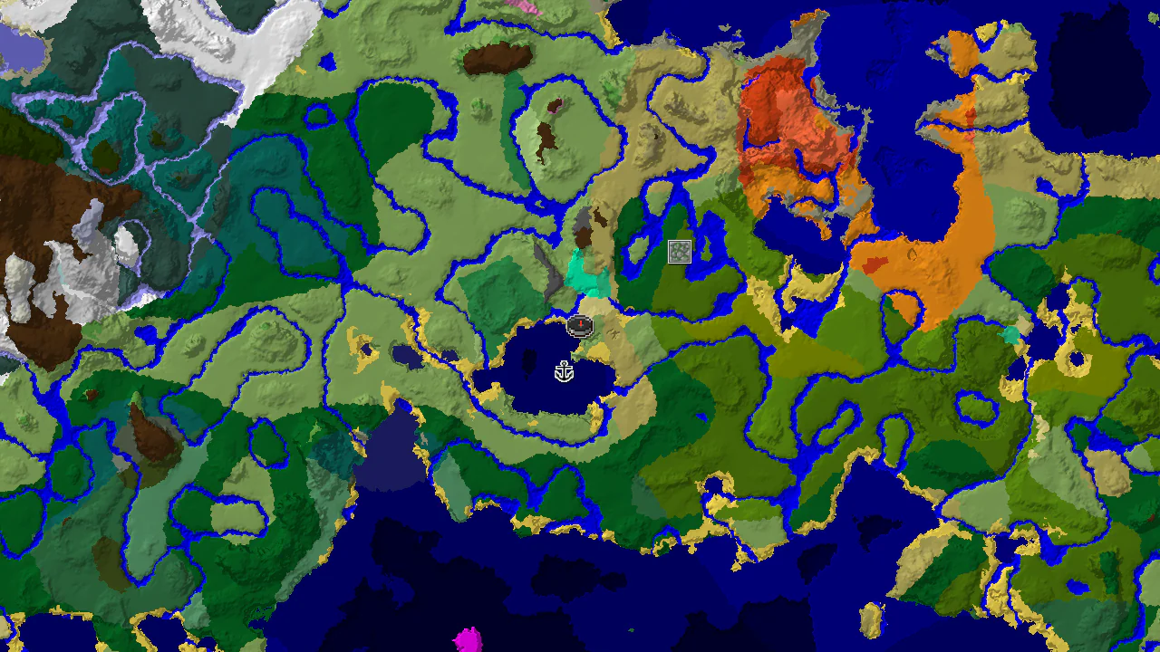 A 2D top-down biome map centered on the spawn point, showing Plains, Ocean, Windswept Savanna, and River biomes, with markers for a nearby shipwreck and Jungle Temple.