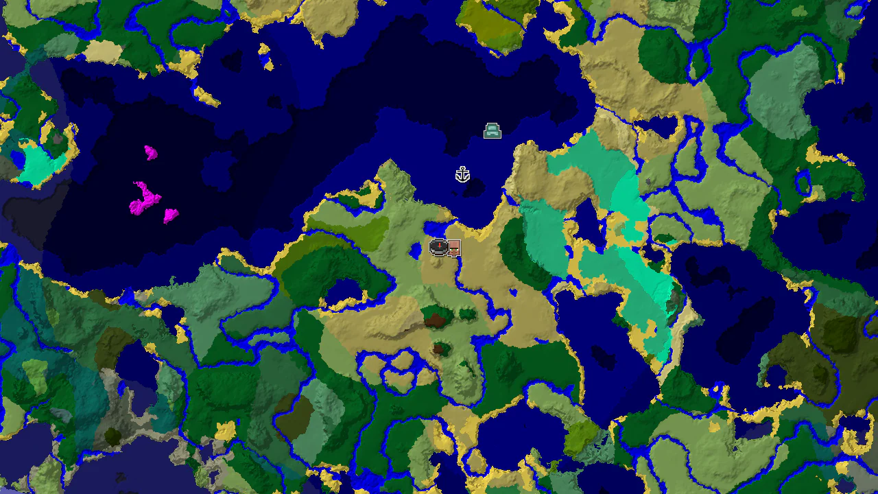 A 2D biome map centered on the spawn point, marked in a savanna biome, showing nearby structures including an abandoned village and a shipwreck.