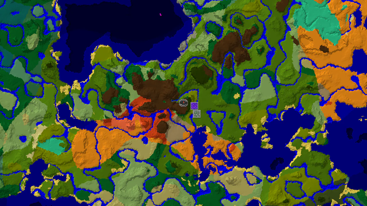A 2D top-down biome map centered on the spawn point, showing various jungle biomes, a ruined portal, and a jungle temple.