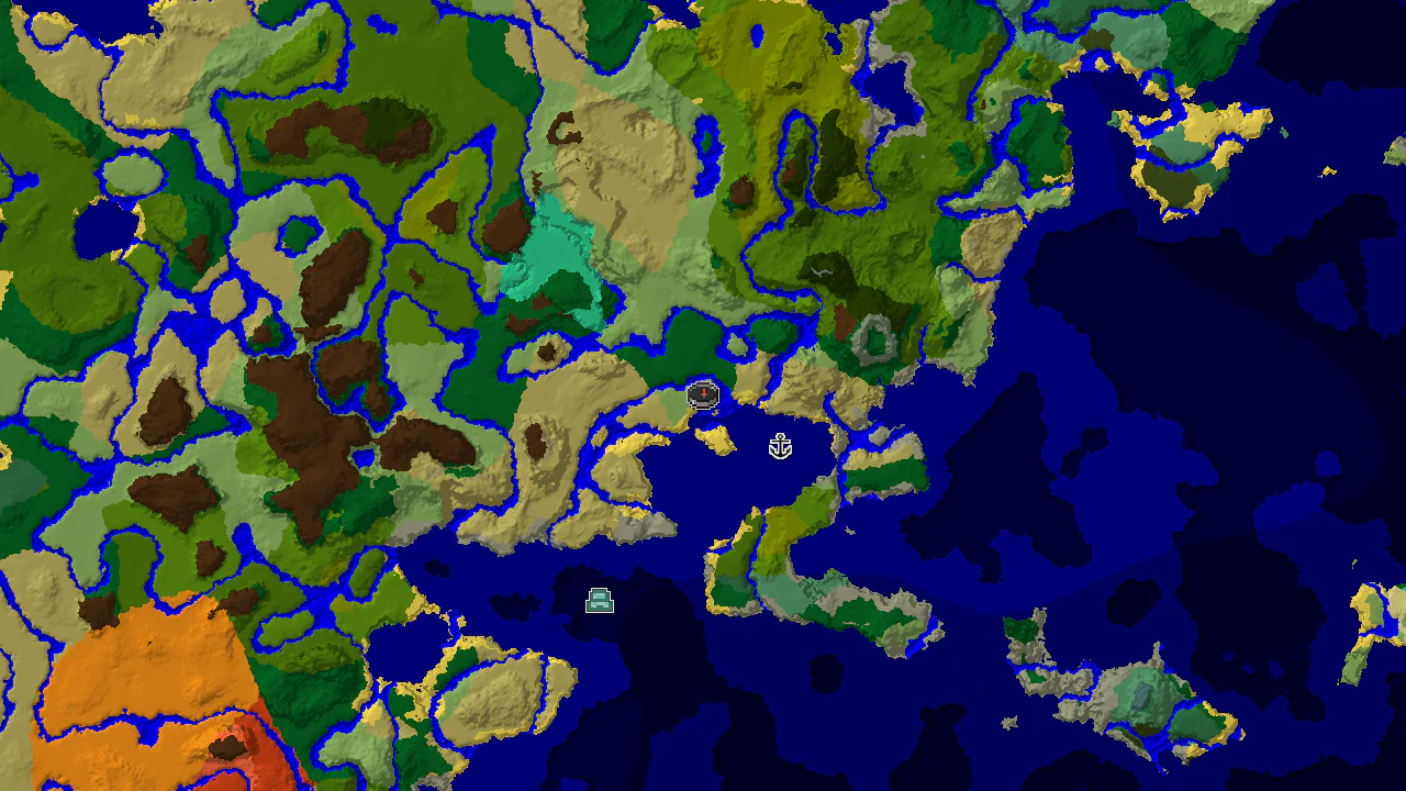 A 2D biome map centered on the spawn point, showing Plains, River, Forest, and Lukewarm Ocean biomes, with markers for a Shipwreck and an Ocean Monument.