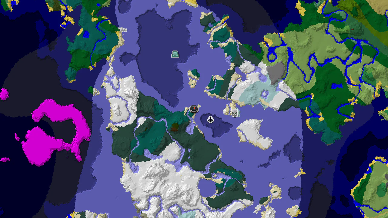 A 2D biome map centered on spawn, showing a small island surrounded by Frozen Ocean, with markers for a shipwreck and Pillager Outpost.