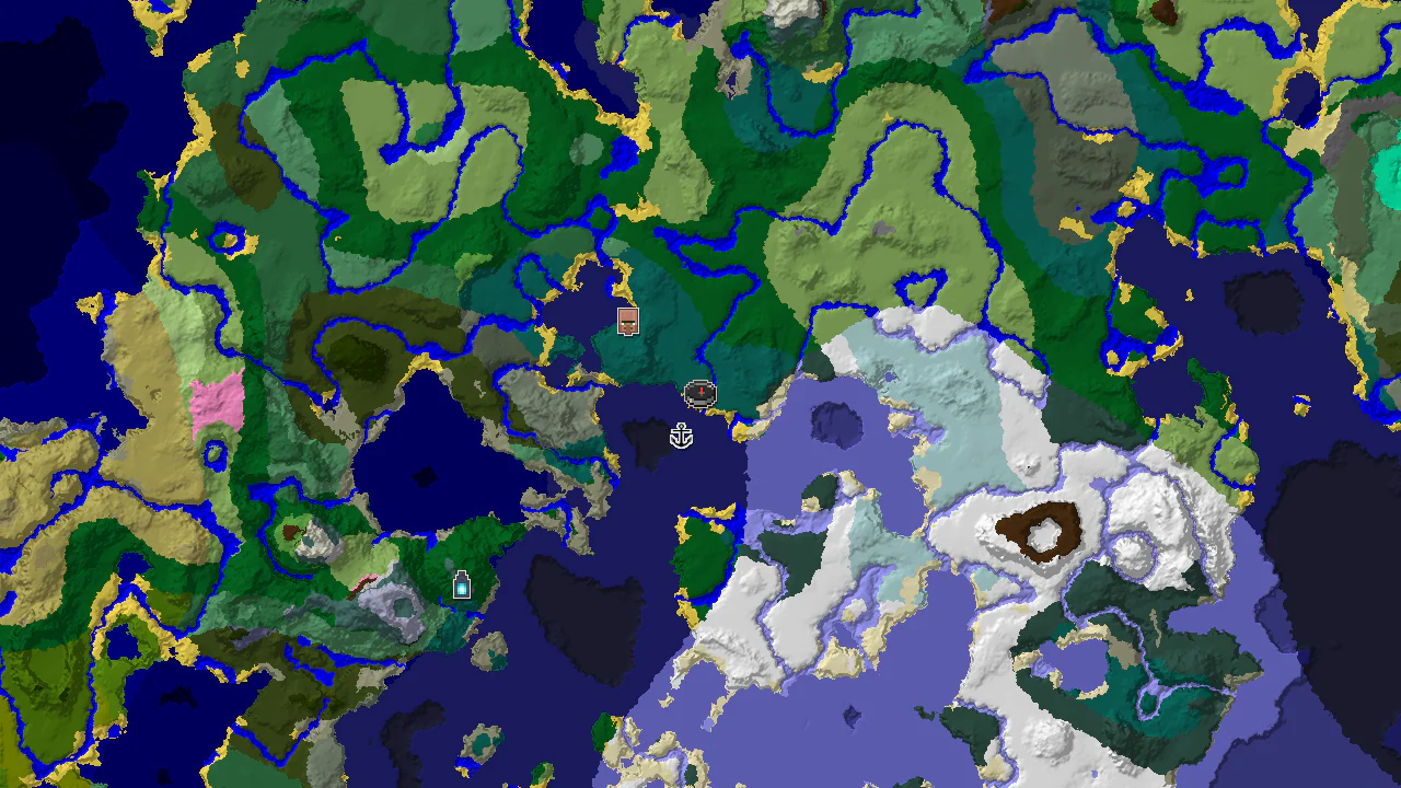A 2D biome map centered on the spawn point, with markers for a nearby shipwreck, village, and ancient city.