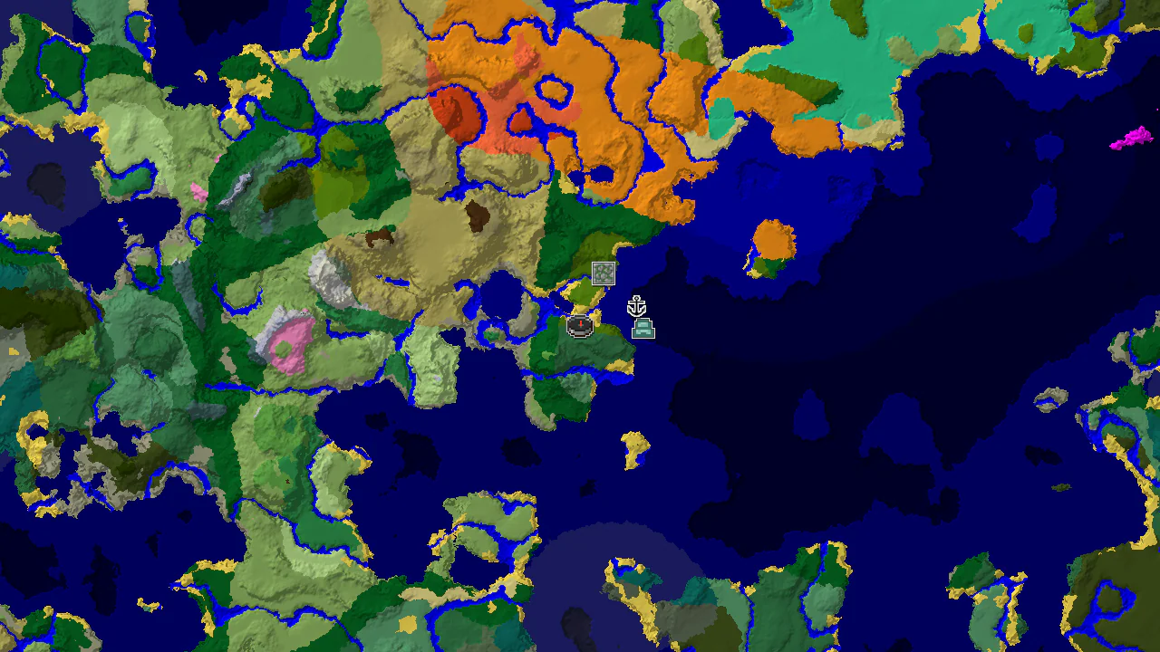 A 2D biome map centered on the spawn point, showing nearby Beach, Jungle, and Ocean biomes, with markers for a Jungle Temple and an Ocean Monument.
