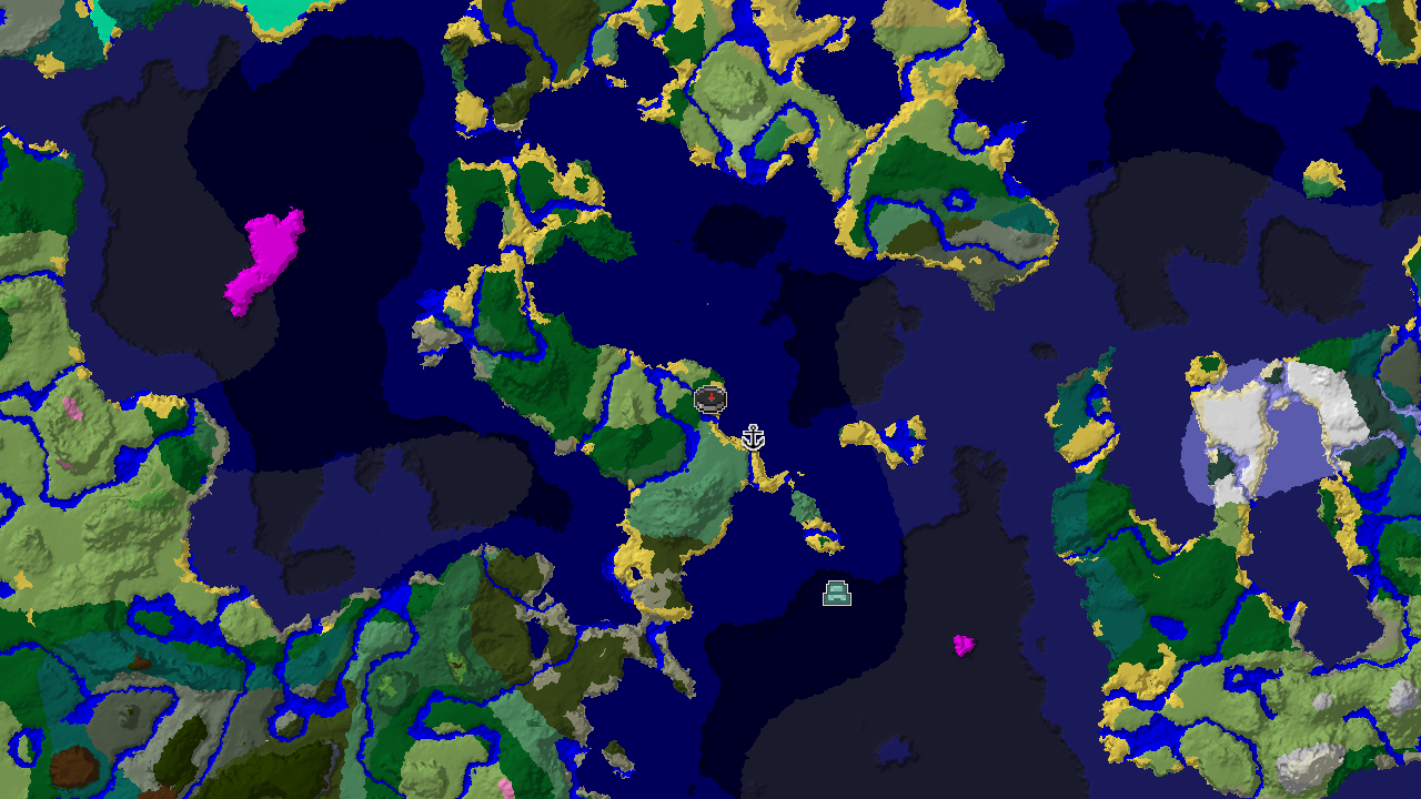 A top-down 2D biome map centered on spawn, showing a Forest biome at spawn, surrounded by extensive Ocean, River, and Plains areas, with markers for a Shipwreck and an Ocean Monument.