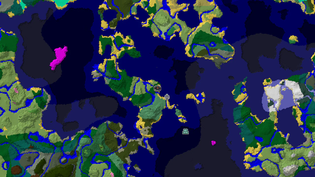 A top-down 2D biome map centered on spawn, showing a Forest biome at spawn, surrounded by extensive Ocean, River, and Plains areas, with markers for a Shipwreck and an Ocean Monument.