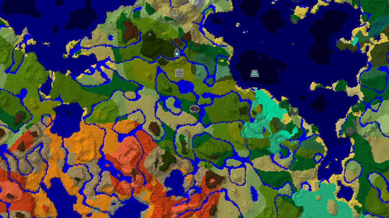 A top-down 2D biome map centered on spawn, showing forest, jungle, and savanna biomes, with markers for a Jungle Temple and Ancient City.