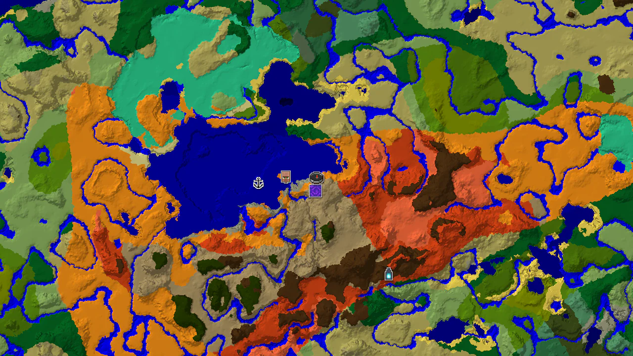 A 2D top-down biome map centered on the spawn point, showing Desert, Wooded Badlands, and Warm Ocean biomes, with markers for a village and a ruined portal.
