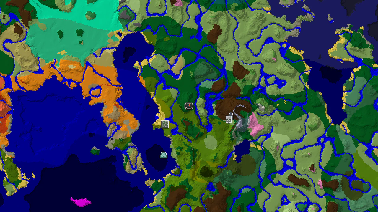 A 2D top-down biome map centered on spawn, showing a nearby Jungle Temple and Ancient City.