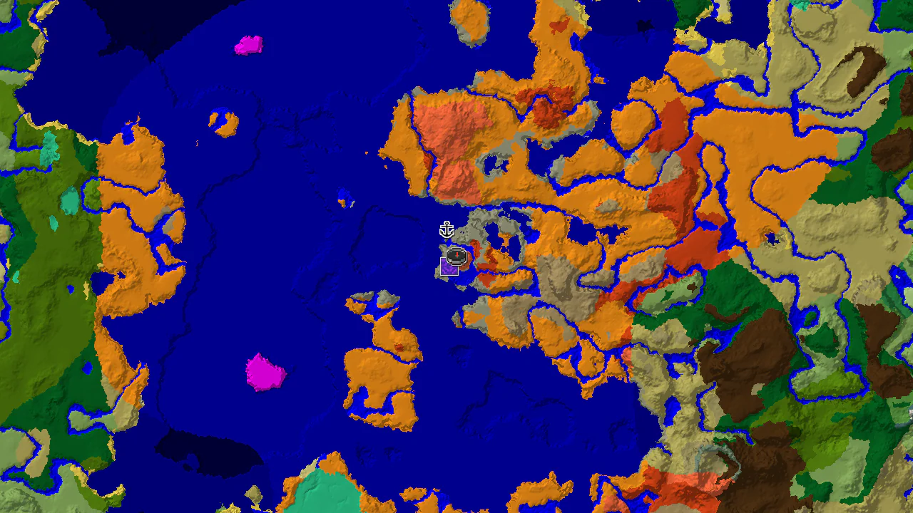 A 2D biome map centered on spawn, showing a large warm ocean to the south and desert to the east, with badlands to the north.