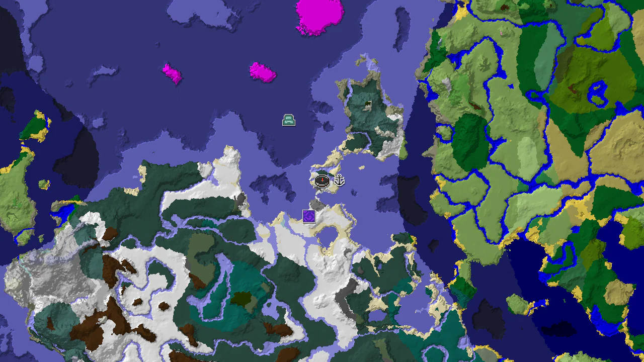 A top-down 2D biome map centered on spawn, showing a large snowy island surrounded by frozen ocean, with markers for a nearby shipwreck.