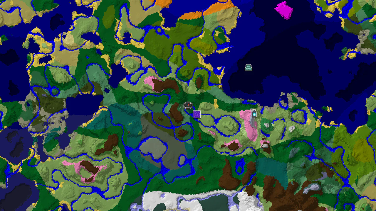 A 2D biome map centered on the spawn point, showing nearby forest, plains, and river biomes, with markers for a Ruined Portal and other distant structures.