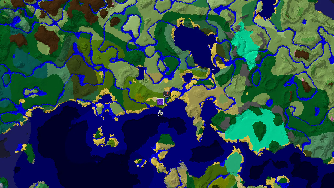 A 2D top-down biome map centered on the spawn point, with markers for a ruined portal and a shipwreck.