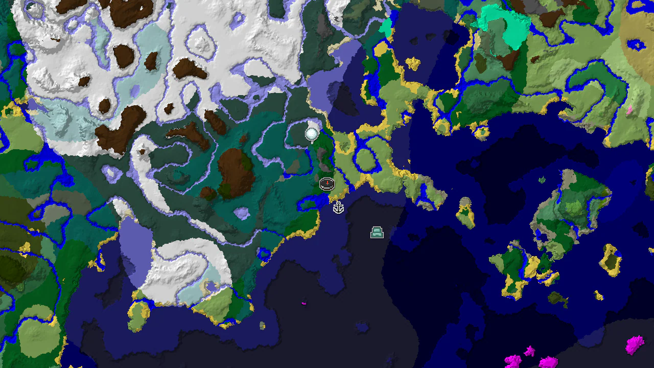 Top-down 2D biome map centred on a forest spawn, with taiga and plains inland, cold ocean along the coast, and markers for the shipwreck, ocean monument, igloo and villages.