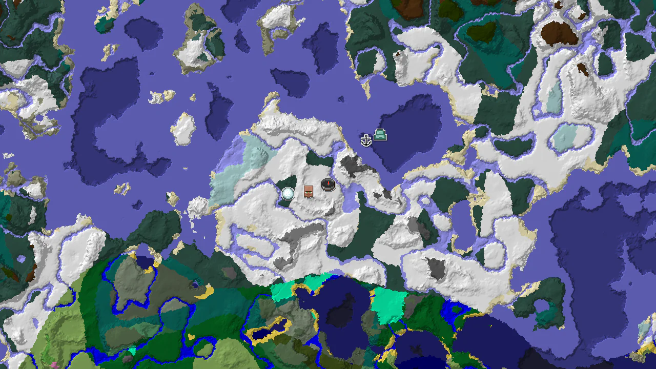 Top-down 2D biome map centred on the spawn marker in Snowy Plains, with icy ocean to the east and markers for the village, igloo, shipwreck and ocean monument.