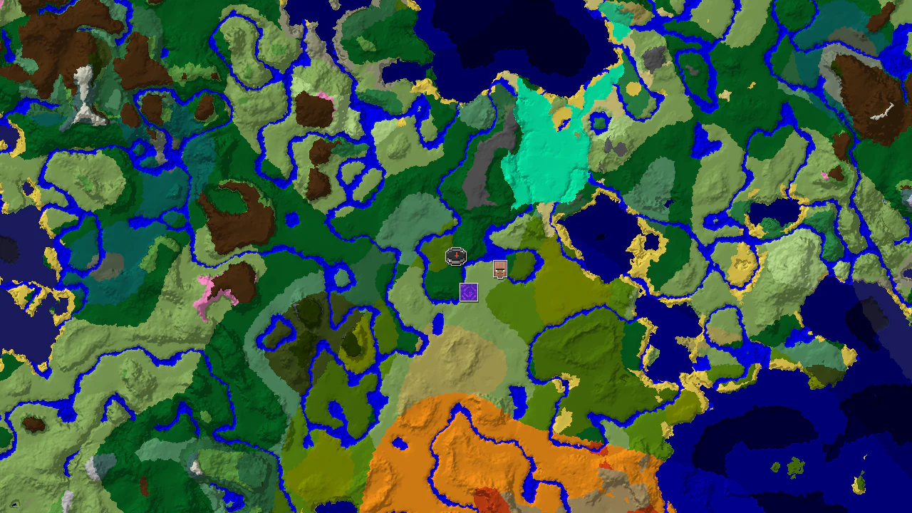 Top-down 2D biome map centred on a forest spawn, with markers for a village to the east, a ruined portal to the south, and a distant stronghold.