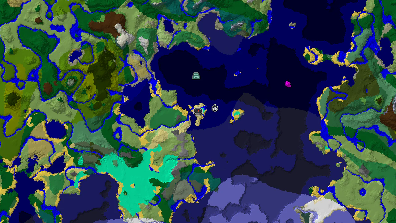 Top-down 2D biome map centred on the spawn marker, showing a small island ringed by ocean with markers for a nearby shipwreck and a distant ocean monument.