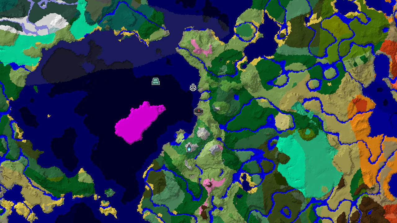 Top-down 2D biome map centred on a plains spawn marker, with colored biome regions and markers for the shipwreck, ocean monument, ancient city and stronghold.