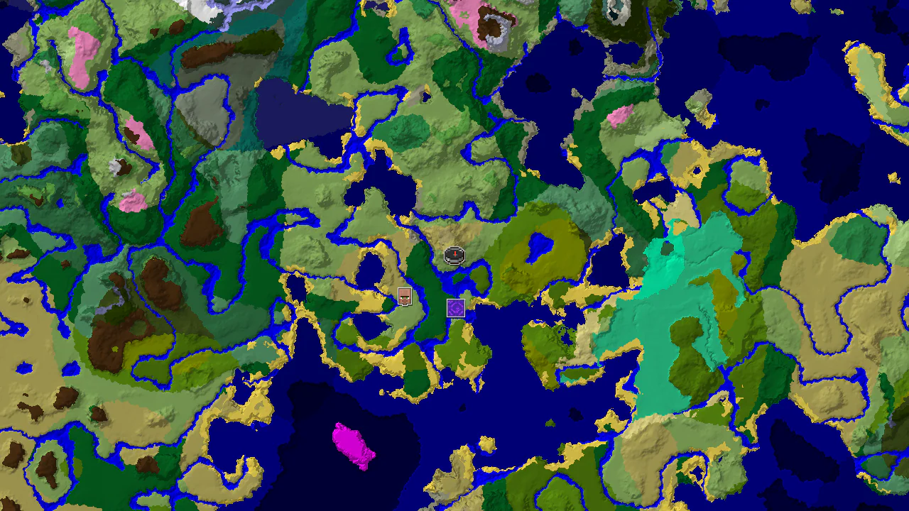 Top-down 2D biome map centred on the spawn marker in Plains, with markers for the village to the southwest and the ruined portal to the south, surrounded by forest, river and jungle patches.