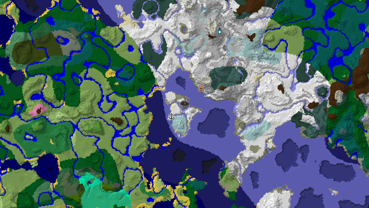 Top-down 2D biome map centred on spawn, showing a snowy island ringed by frozen ocean, with spawn and structure markers.