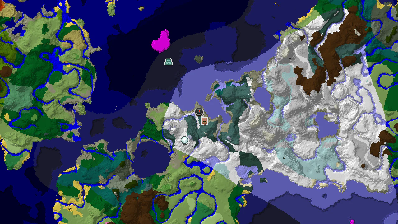 Top-down 2D biome map centred on a snowy plains spawn, with a spawn marker, a village marker to the south and farther structure markers around the frozen coast.
