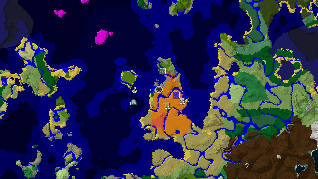 Top-down 2D biome map centred on a desert spawn, with a spawn marker, nearby village, ruined portal and temple markers, and a wide lukewarm ocean to the west.
