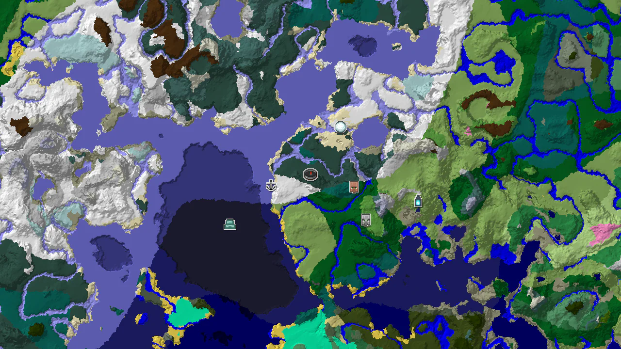 A 2D biome map centered on the spawn point, marked in Snowy Taiga, showing nearby structures including a village to the east and a shipwreck to the west.