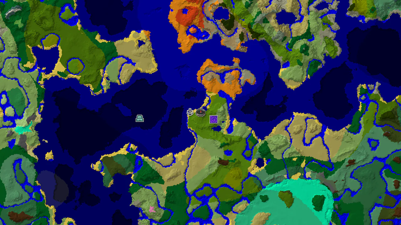 A top-down 2D biome map centered on spawn, showing a Bamboo Jungle peninsula surrounded by ocean, with markers for a shipwreck and a ruined portal.