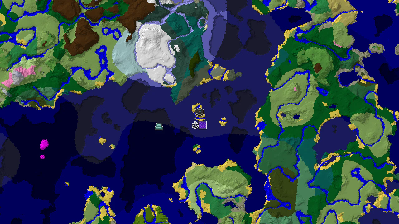 A top-down 2D biome map centered on spawn, showing an Old Growth Spruce Taiga island surrounded by ocean, with markers for a Ruined Portal and a Shipwreck.