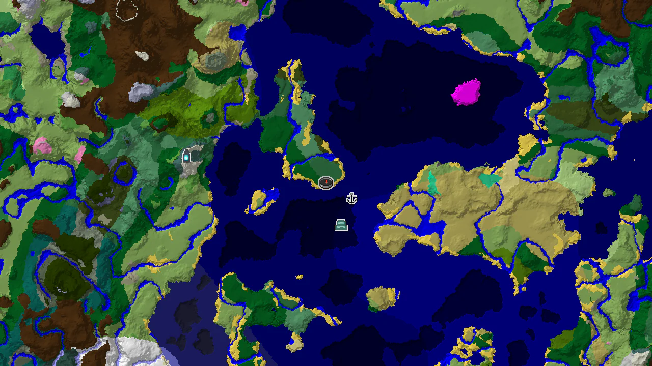 A top-down 2D biome map centered on the spawn point, showing a large forest island surrounded by ocean, with markers for spawn and nearby structures.