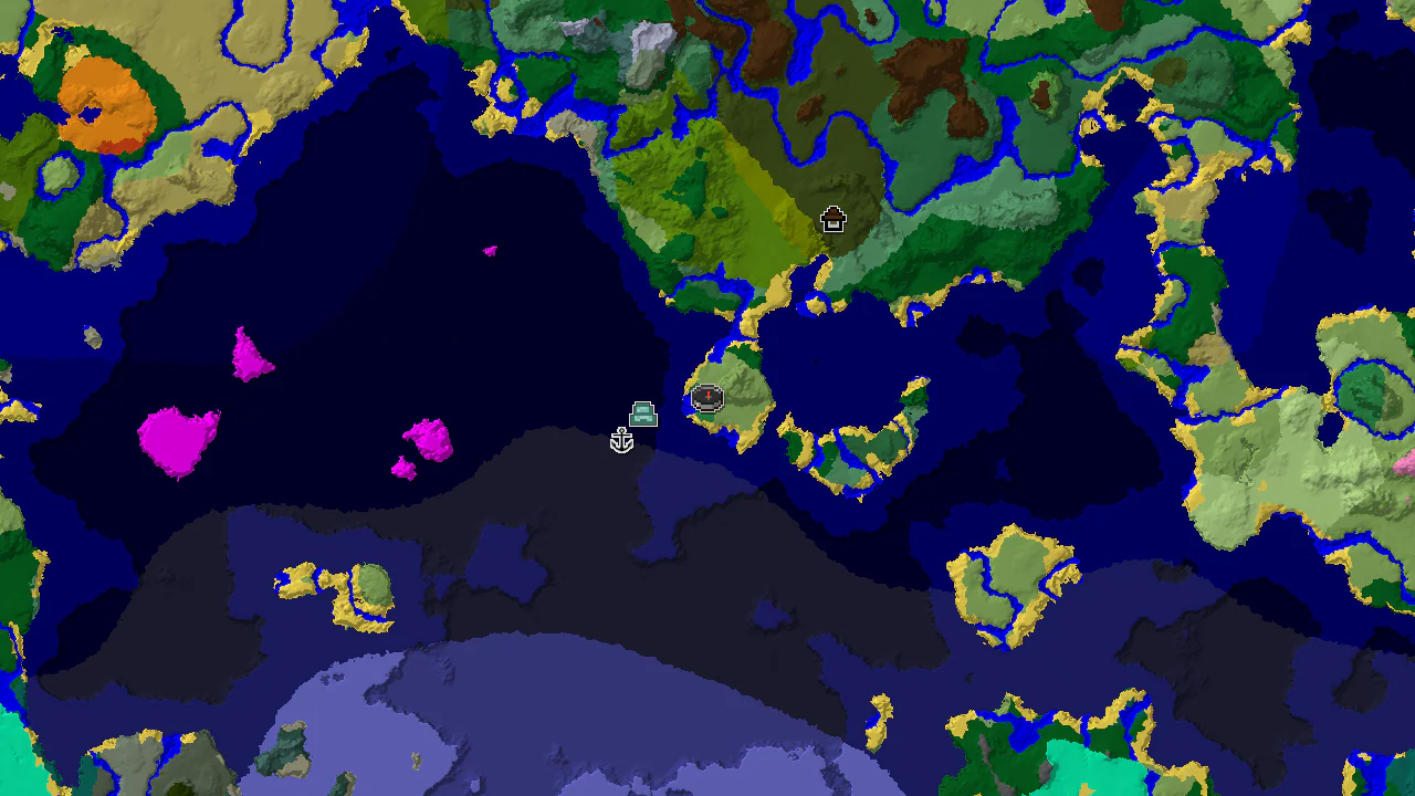 Top-down 2D biome map centred on spawn, showing a small flower-forest island ringed by ocean with markers for the spawn point, a shipwreck, an ocean monument and a woodland mansion.
