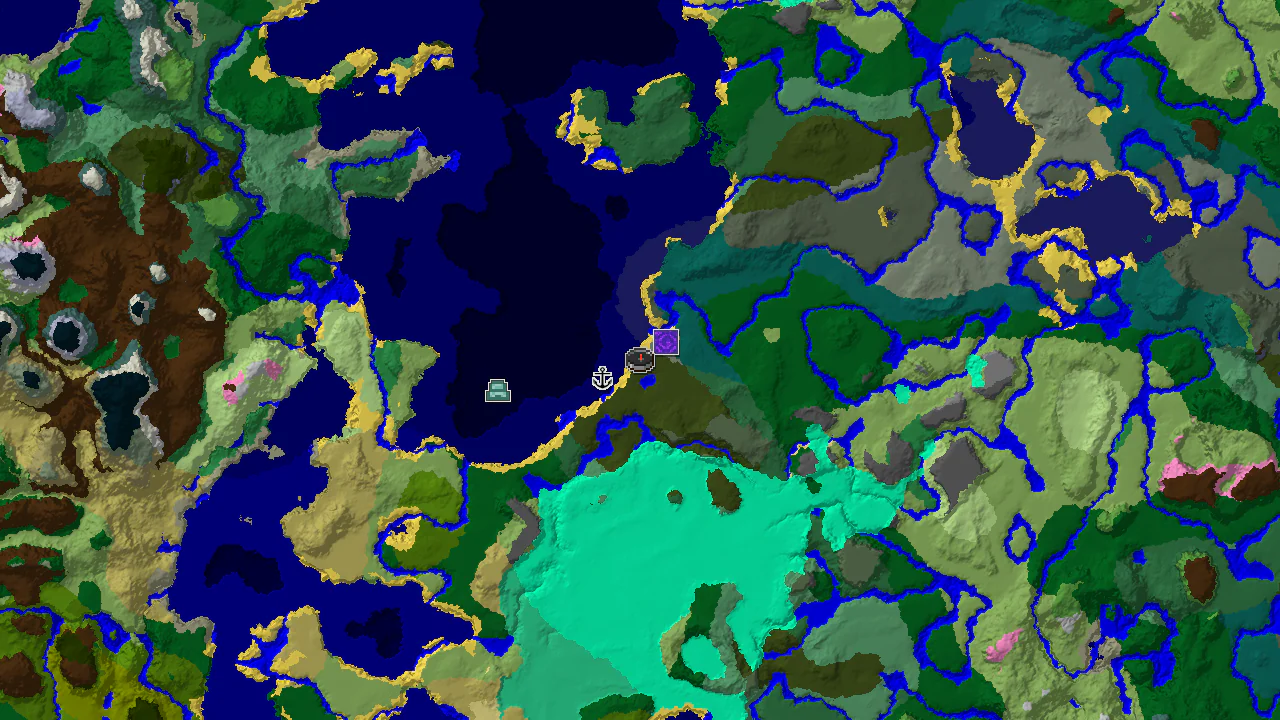 A 2D biome map centered on spawn, showing a dark forest surrounded by ocean and various taiga biomes.