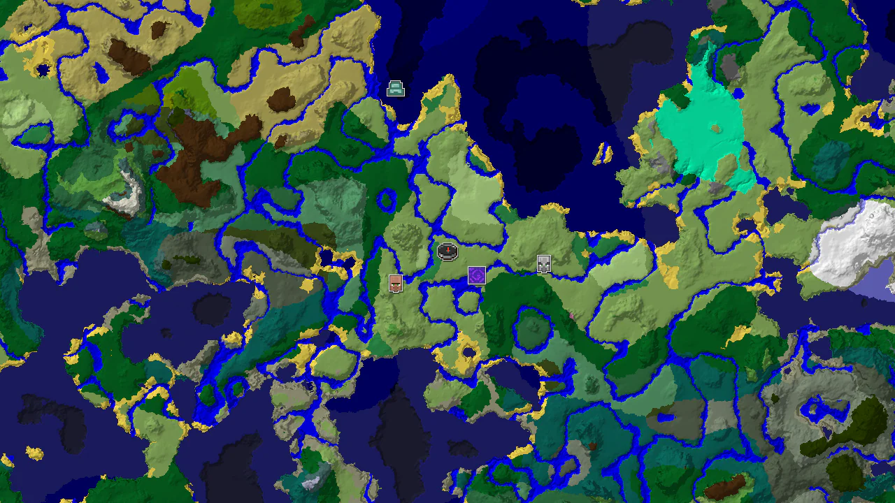 Top-down 2D biome map centred on the spawn marker in plains, with markers for a village to the southwest, a ruined portal to the east, a pillager outpost farther east and an ocean monument far to the north.