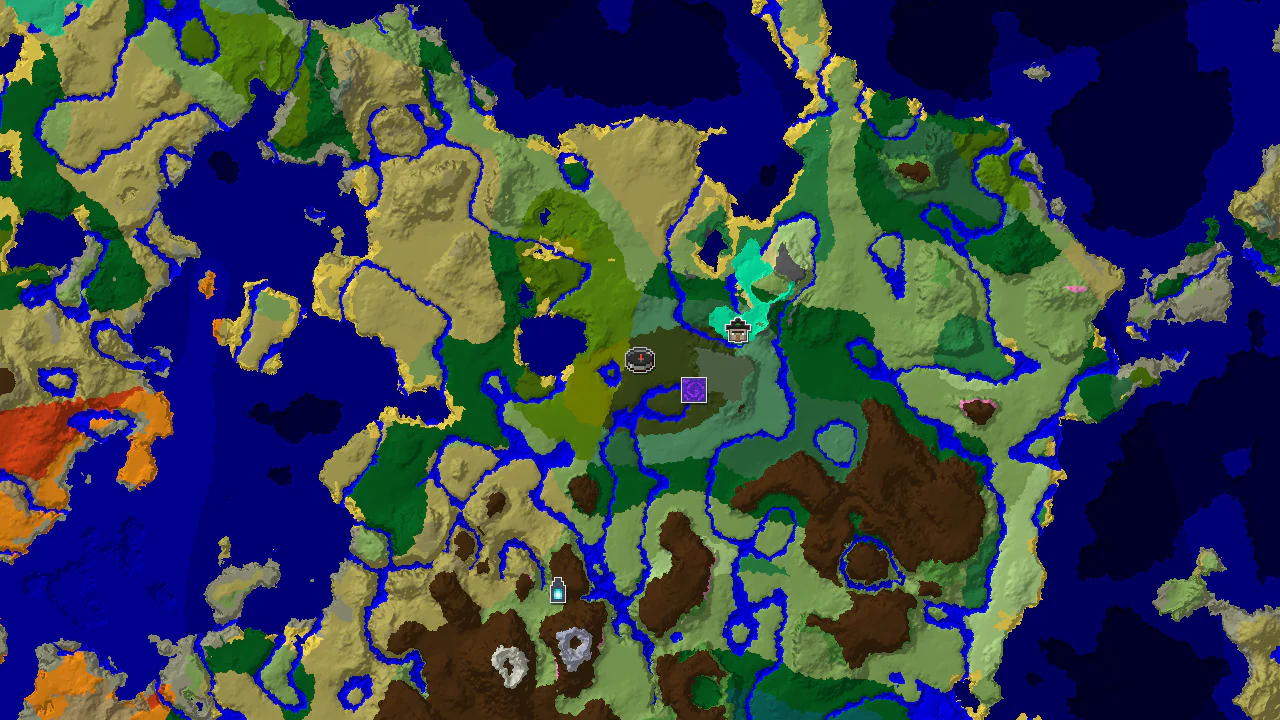 Top-down 2D biome map centred on spawn, with a spawn marker in Dark Forest and markers for a ruined portal, witch hut, stronghold and ancient city.