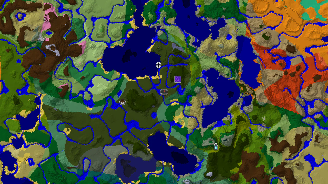 A top-down 2D biome map centered on spawn, showing a Dark Forest valley with markers for a Woodland Mansion, Ruined Portal, Shipwreck, Ancient City, and Stronghold.
