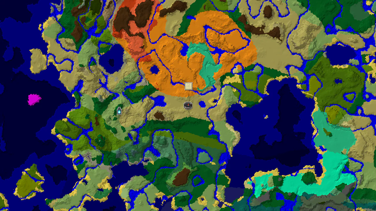 Top-down 2D biome map centred on the spawn marker in savanna, with desert to the north, forest and river to the east, and structure markers for the pyramid and ancient city.