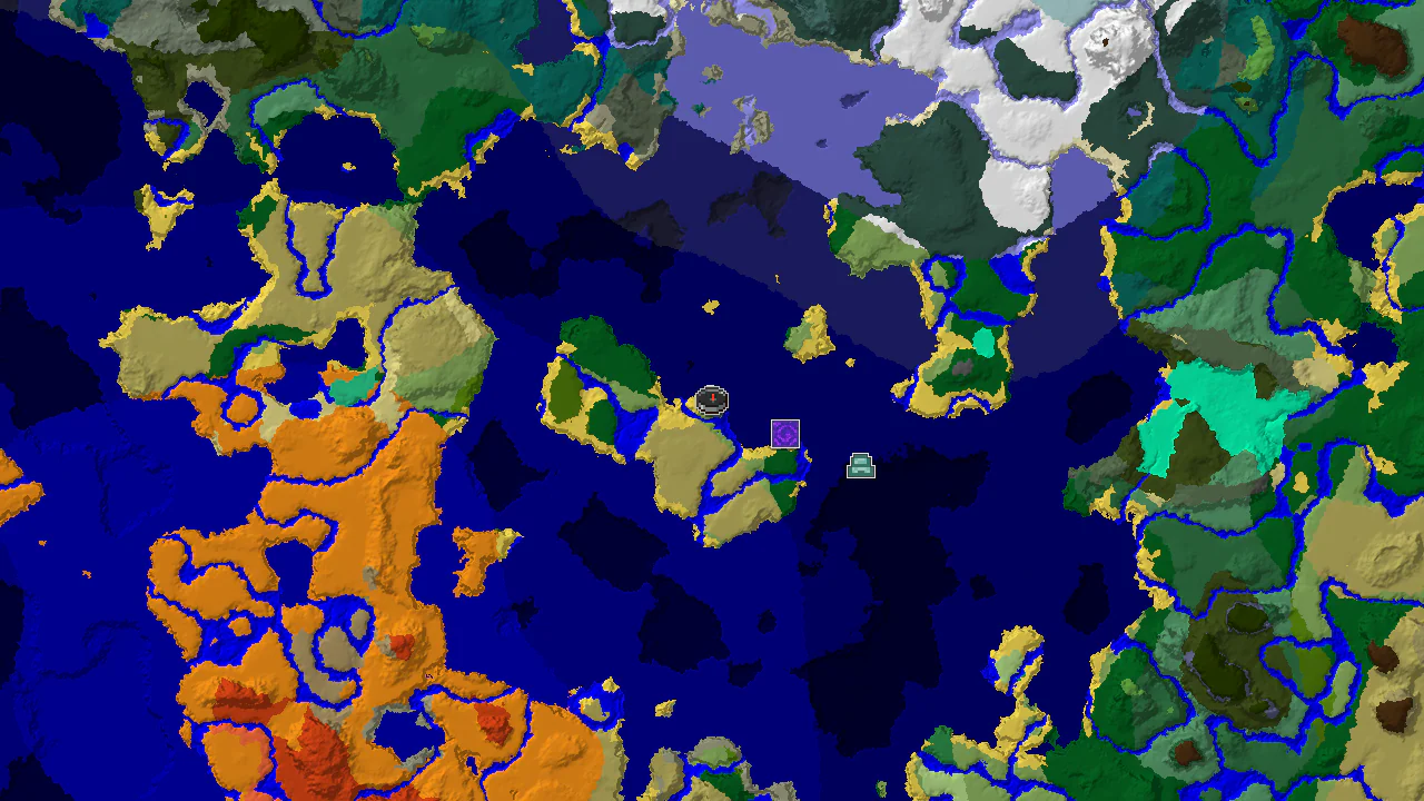 A top-down 2D biome map centered on the spawn point, showing the surrounding ocean, beaches, and various biomes, with markers for nearby structures.
