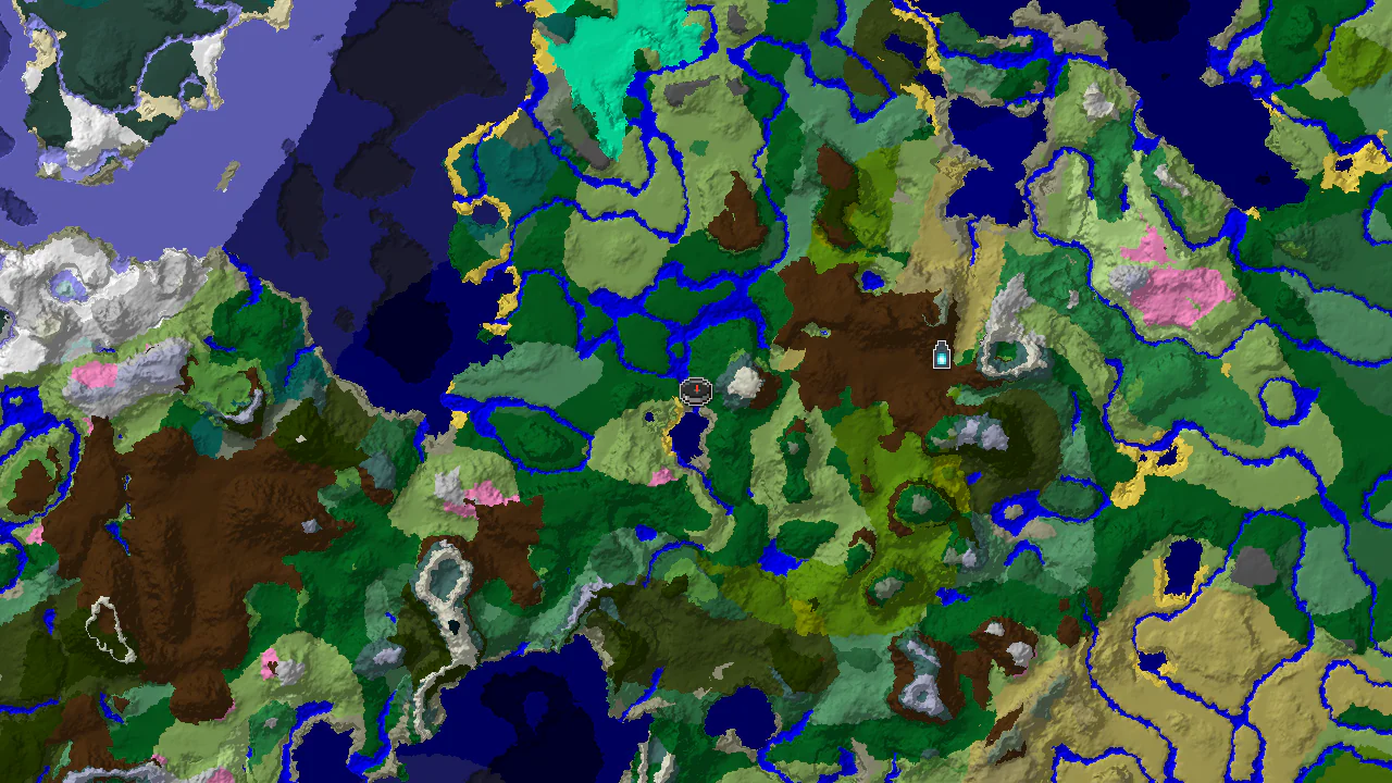 A 2D top-down biome map centered on the spawn point, marked by an arrow, showing nearby Forest, River, and Plains biomes, with markers for a distant Stronghold and Ancient City.