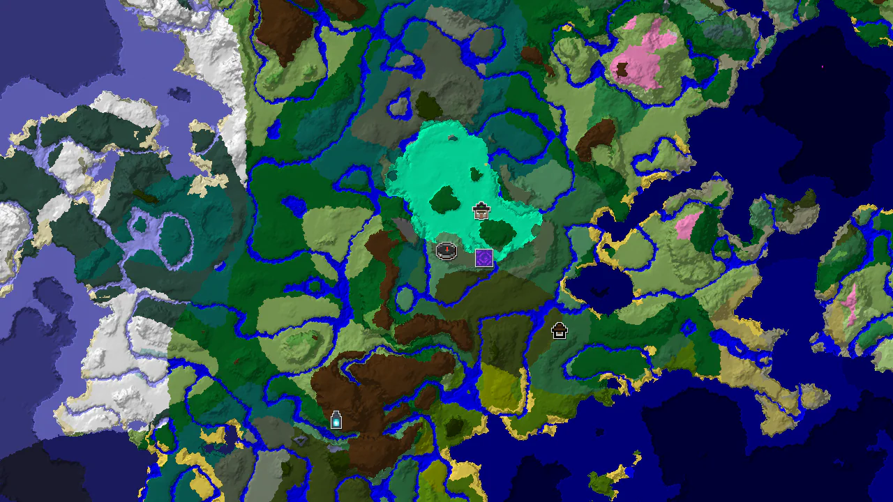Top-down 2D biome map centred on spawn, with a spawn marker in windswept forest and structure markers for the ruined portal, witch hut, woodland mansion, stronghold and ancient city.
