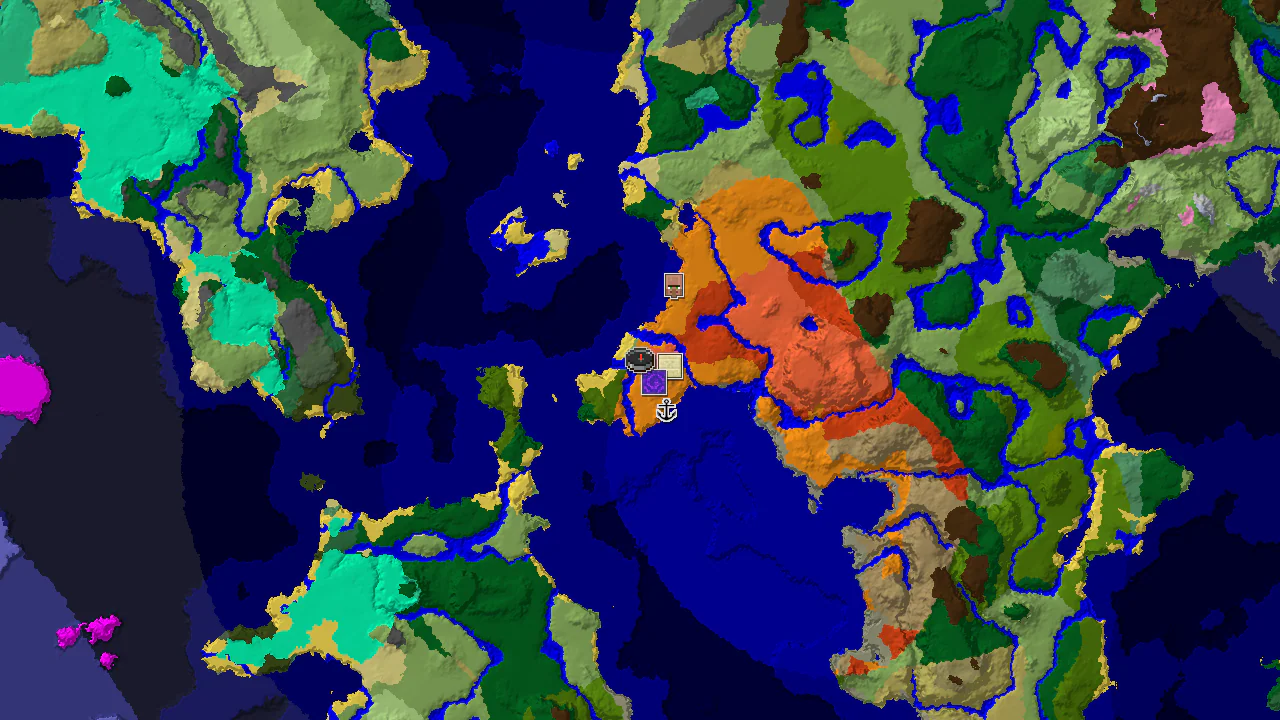 Top-down 2D biome map centred on the spawn marker, showing a badlands and desert island ringed by warm and lukewarm ocean, with structure markers for a pyramid, ruined portal, shipwreck and village.