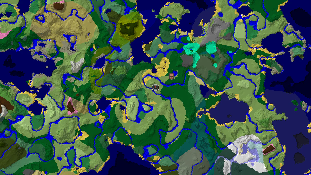 Top-down 2D biome map centred on a plains spawn marker, with the village marker to the north-east, forest and river patches around it, and flower forest and ocean zones nearby.