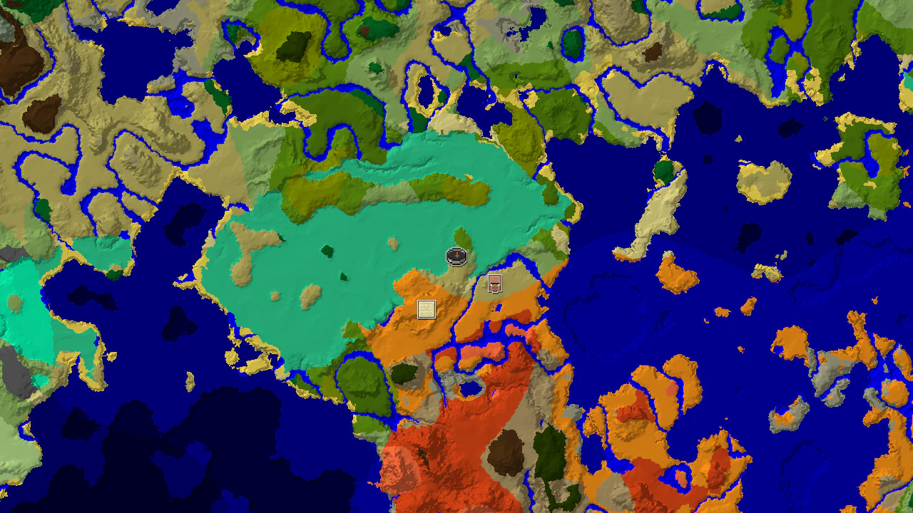 Top-down 2D biome map centred on the spawn point, with markers for the nearby village, desert pyramid and stronghold, and the mangrove swamp, savanna and desert biomes around them.