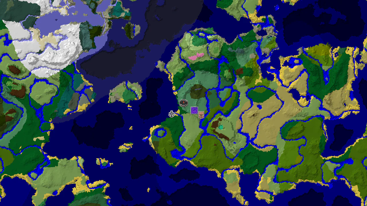 Top-down 2D biome map centred on spawn in an old growth birch forest, with a spawn marker and markers for a village, ruined portal and shipwreck.