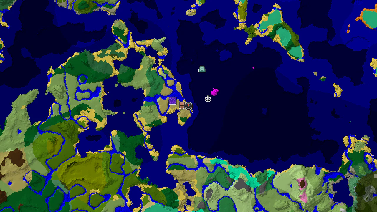 Top-down 2D biome map centred on a small beach and savanna island at spawn, with a spawn marker and structure markers for the village, ruined portal, shipwreck and ocean monument.