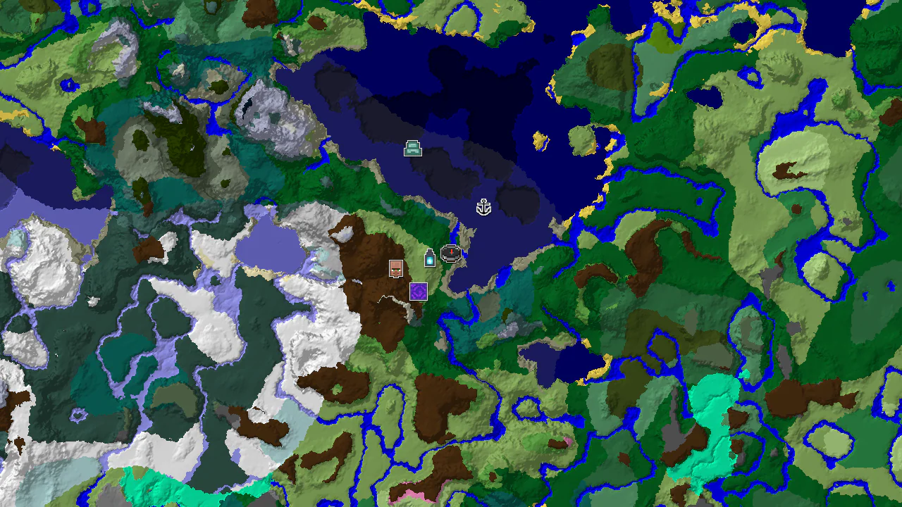 Top-down 2D biome map centred on the spawn marker in a forest valley, with markers for the Ancient City, village, ruined portal, shipwreck and ocean monument.