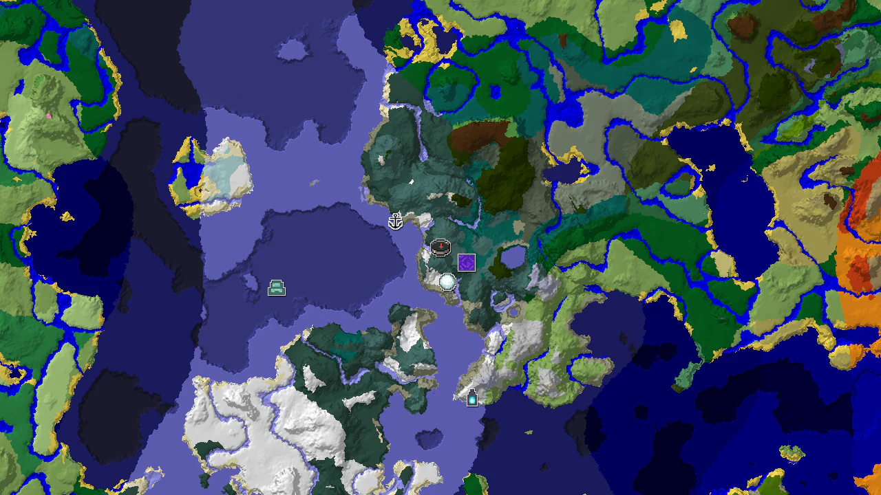 Top-down 2D biome map centred on spawn in a grove, with a spawn marker and markers for a ruined portal, igloo, shipwreck, ocean monument and ancient city across snowy taiga and frozen ocean.