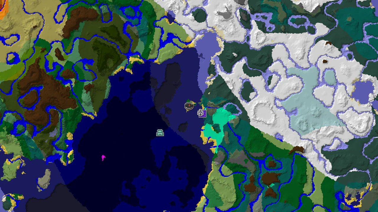 Top-down 2D biome map centred on spawn on a small forested island ringed by cold ocean, with markers for the shipwreck, ruined portal and ocean monument to the southeast and south.